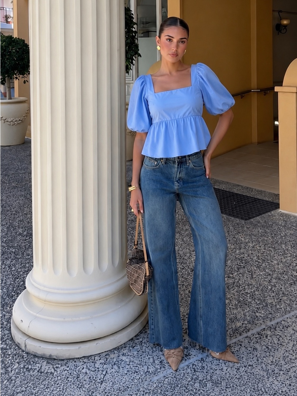 Abercrombie & Fitch Blue Square-Neck Puff Sleeve Peplum Top XS Coastal Romantic